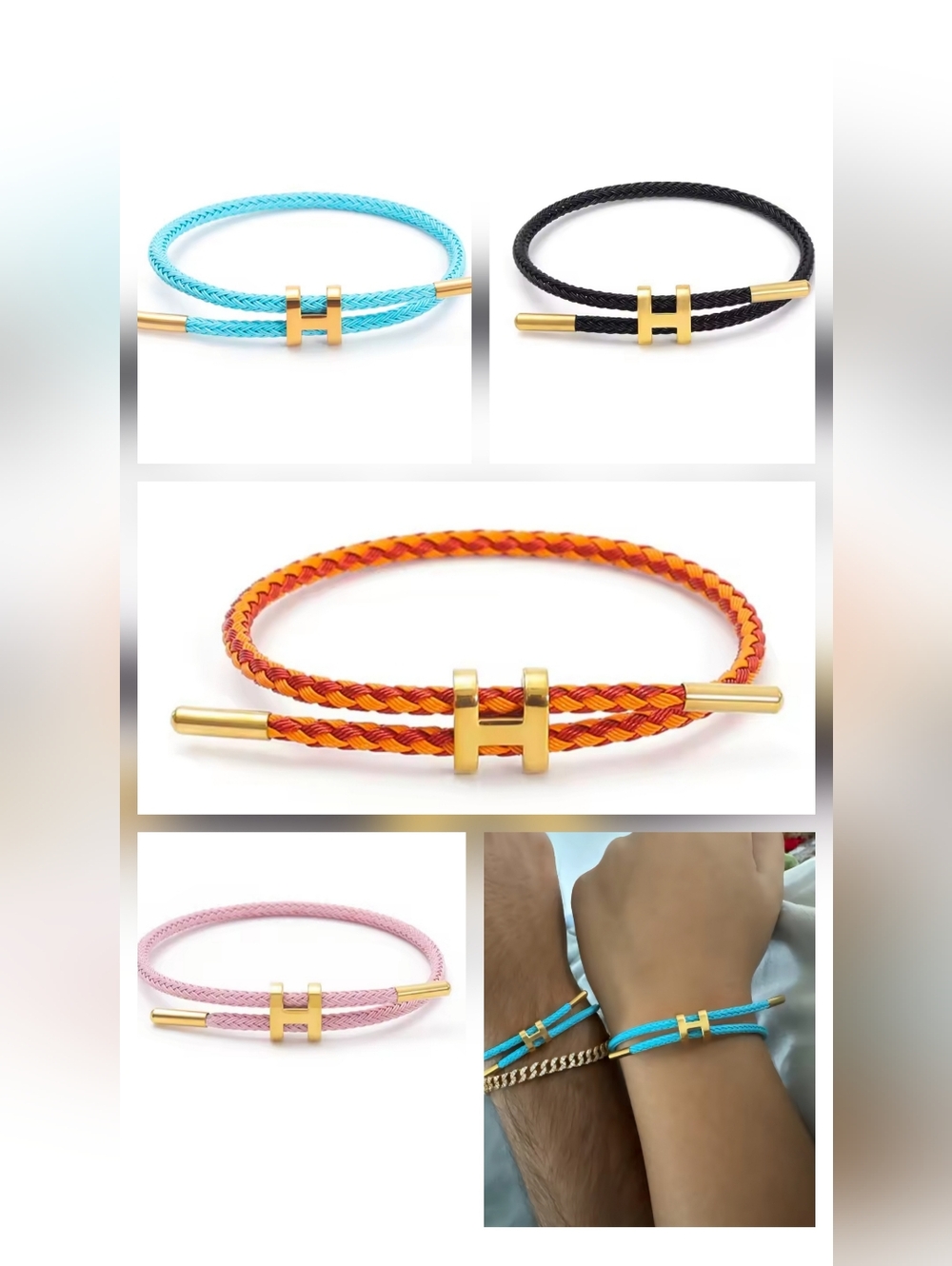 H Initial 3D Hard Gold Braided Cord Bracelet Adjustable Titanium Steel Waterpr
